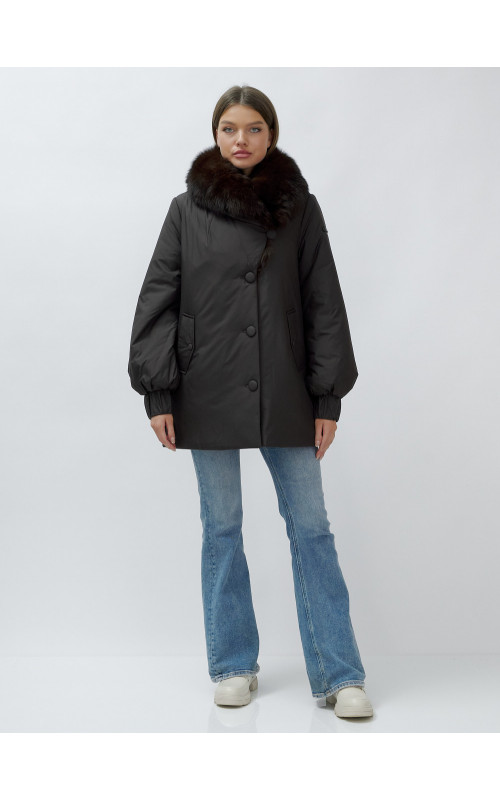 Удлинённый пуховик женский зимний с мехом песца, тёмно-коричневый. в Тюмени