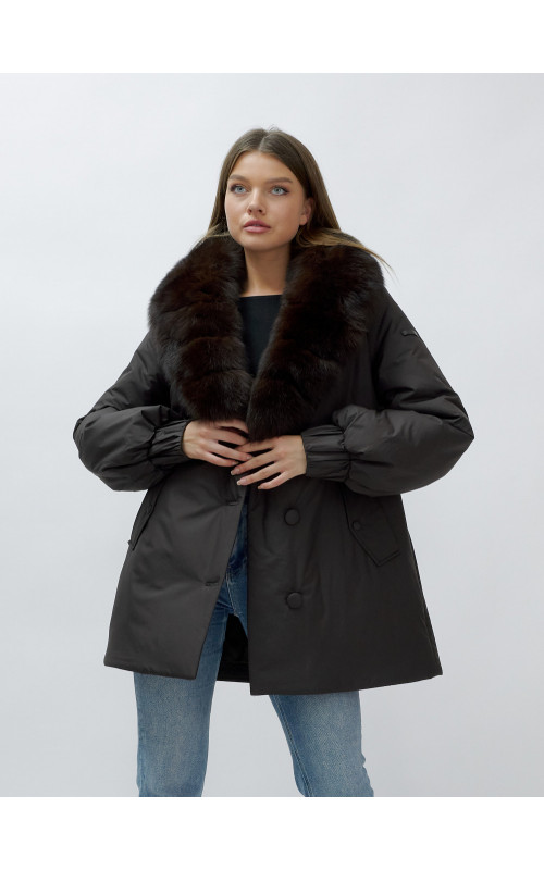 Удлинённый пуховик женский зимний с мехом песца, тёмно-коричневый. в Тюмени