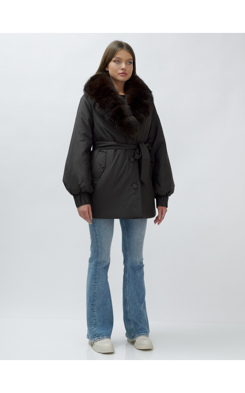 Удлинённый пуховик женский зимний с мехом песца, тёмно-коричневый. в Тюмени