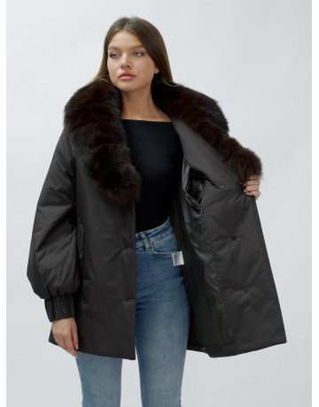 Удлинённый пуховик женский зимний с мехом песца, тёмно-коричневый. в Тюмени