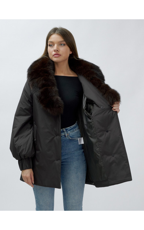 Удлинённый пуховик женский зимний с мехом песца, тёмно-коричневый. в Тюмени