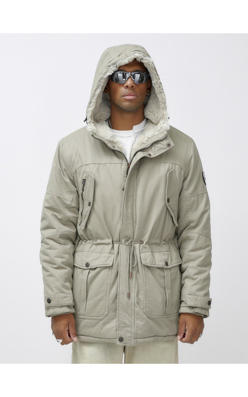 Мужская зимняя удлиненная парка с мехом, бежевый, для холодной погоды. в Тюмени