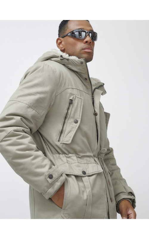 Мужская зимняя удлиненная парка с мехом, бежевый, для холодной погоды. в Тюмени