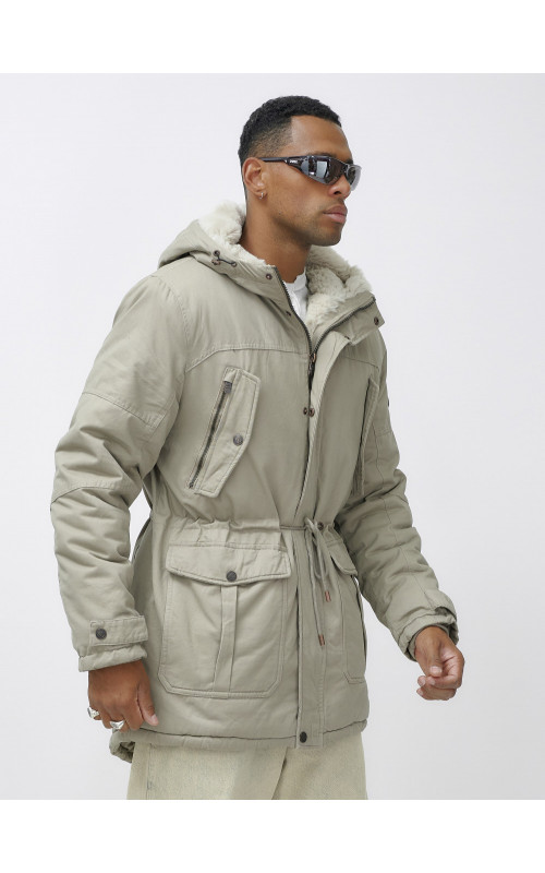 Мужская зимняя удлиненная парка с мехом, бежевый, для холодной погоды. в Тюмени