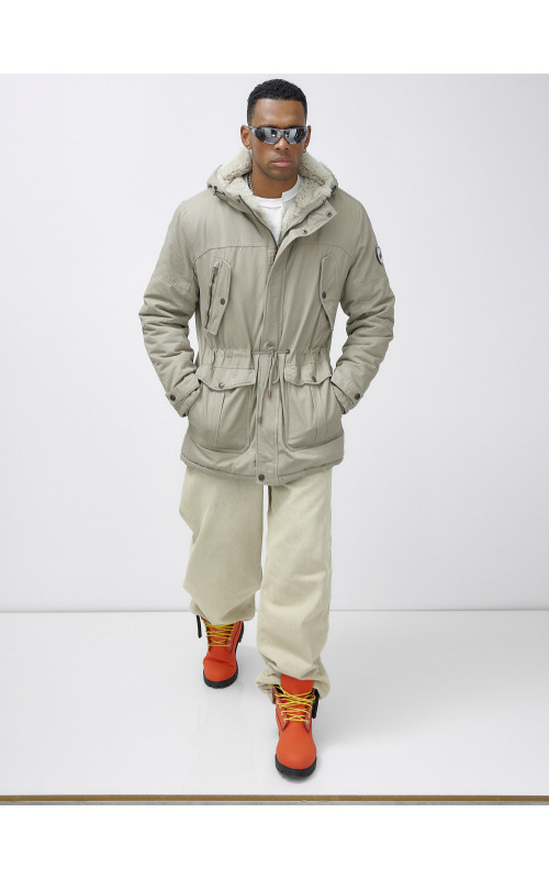 Мужская зимняя удлиненная парка с мехом, бежевый, для холодной погоды. в Тюмени