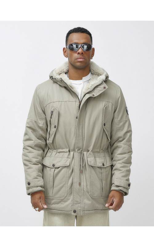 Мужская зимняя удлиненная парка с мехом, бежевый, для холодной погоды. в Тюмени