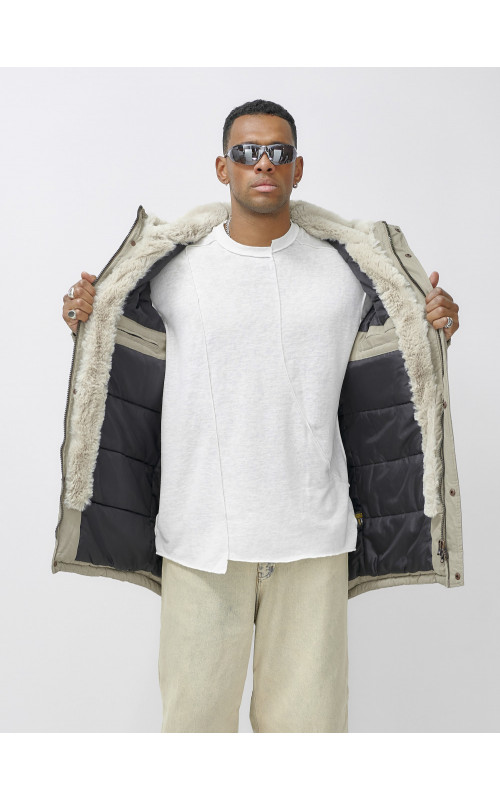 Мужская зимняя удлиненная парка с мехом, бежевый, для холодной погоды. в Тюмени