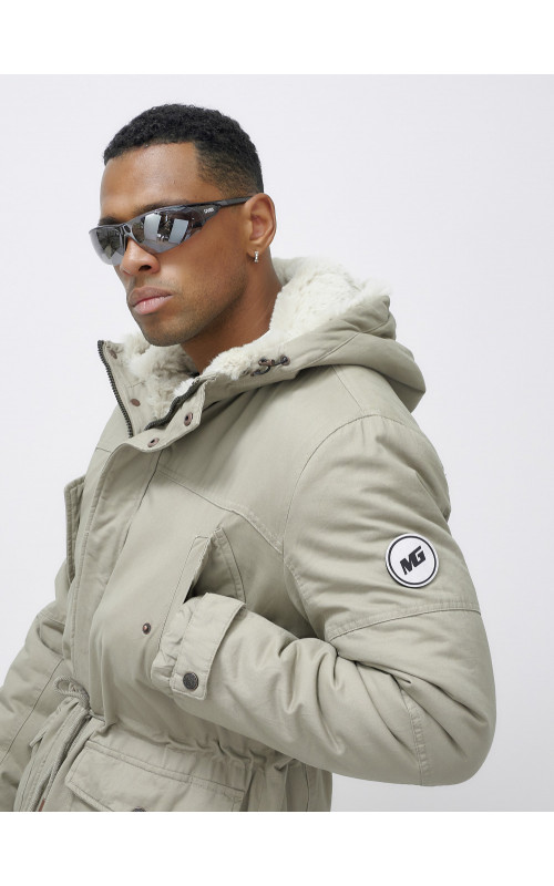 Мужская зимняя удлиненная парка с мехом, бежевый, для холодной погоды. в Тюмени