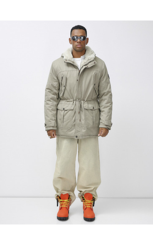 Мужская зимняя удлиненная парка с мехом, бежевый, для холодной погоды. в Тюмени