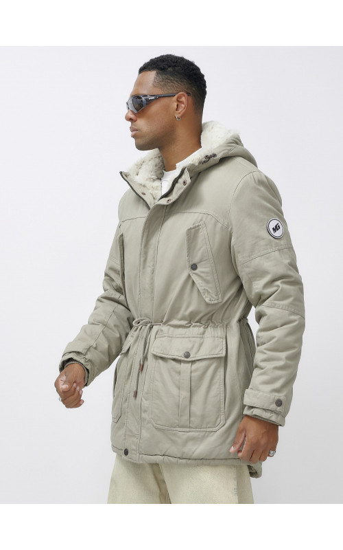 Мужская зимняя удлиненная парка с мехом, бежевый, для холодной погоды. в Тюмени