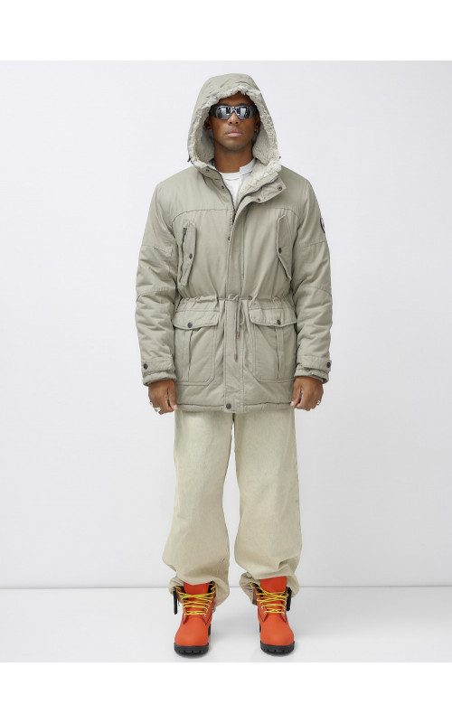 Мужская зимняя удлиненная парка с мехом, бежевый, для холодной погоды. в Тюмени