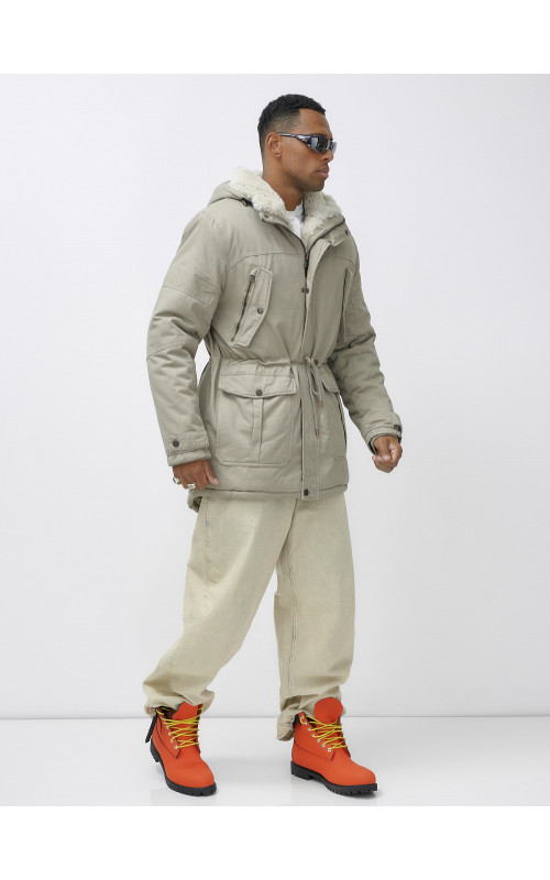 Мужская зимняя удлиненная парка с мехом, бежевый, для холодной погоды. в Тюмени