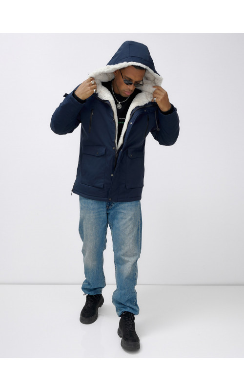 Мужская зимняя удлиненная парка с мехом, тёмно-синяя, для активного отдыха. в Тюмени
