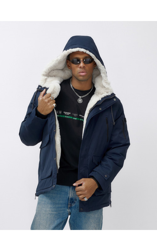 Мужская зимняя удлиненная парка с мехом, тёмно-синяя, для активного отдыха. в Тюмени