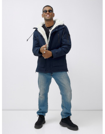 Мужская зимняя удлиненная парка с мехом, тёмно-синяя, для активного отдыха. в Тюмени