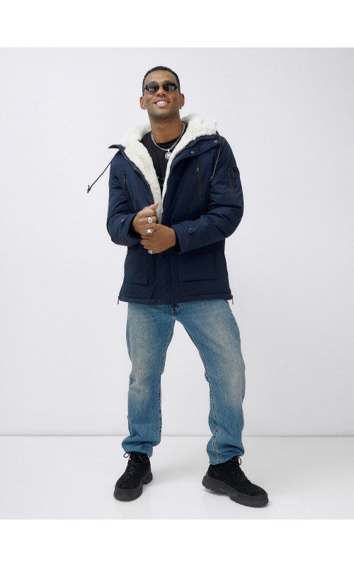 Мужская зимняя удлиненная парка с мехом, тёмно-синяя, для активного отдыха. в Тюмени