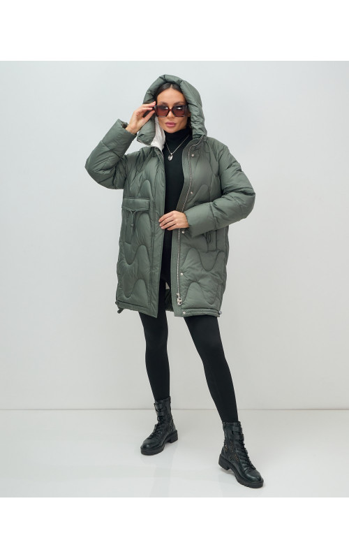 Пуховик женский зимний с капюшоном, хаки. в Тюмени