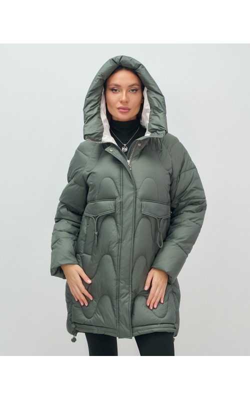 Пуховик женский зимний с капюшоном, хаки. в Тюмени