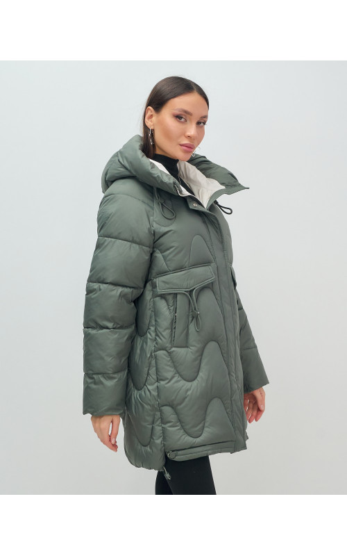 Пуховик женский зимний с капюшоном, хаки. в Тюмени