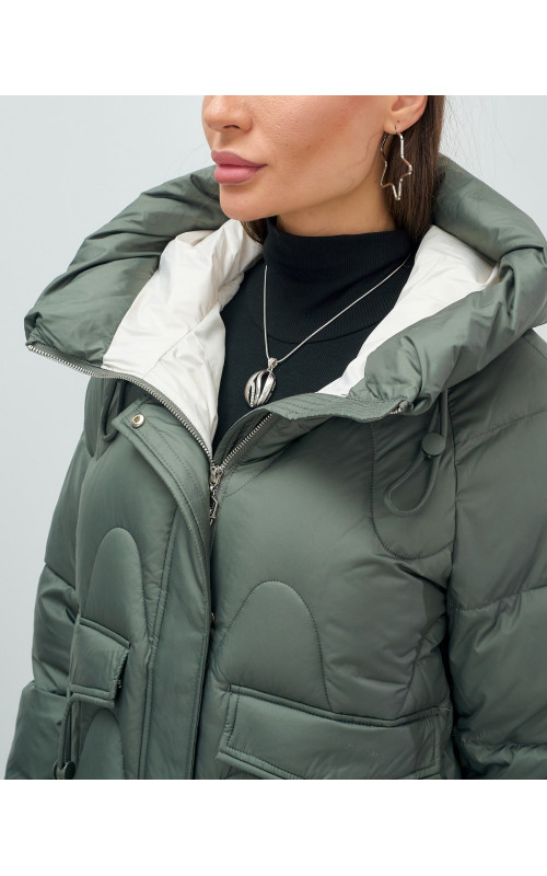 Пуховик женский зимний с капюшоном, хаки. в Тюмени