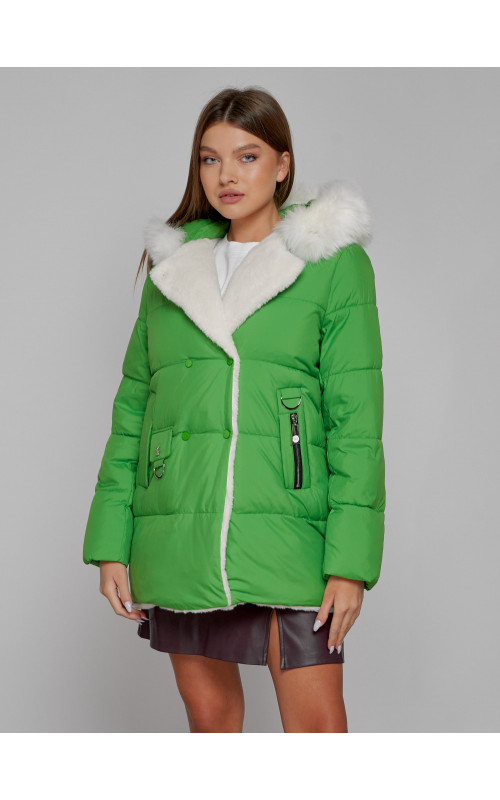 Женский модный зимний пуховик с мехом, зелёный. в Тюмени