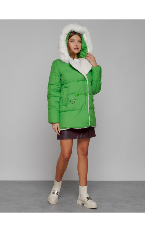 Женский модный зимний пуховик с мехом, зелёный. в Тюмени