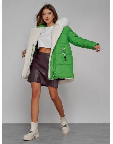 Женский модный зимний пуховик с мехом, зелёный. в Тюмени