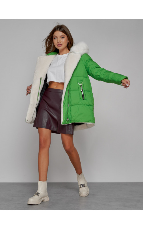 Женский модный зимний пуховик с мехом, зелёный. в Тюмени