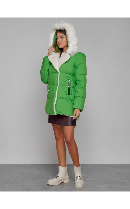 Женский модный зимний пуховик с мехом, зелёный. в Тюмени