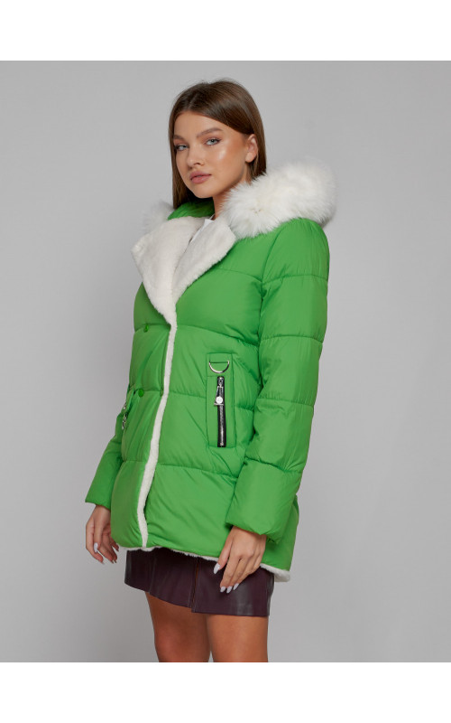 Женский модный зимний пуховик с мехом, зелёный. в Тюмени