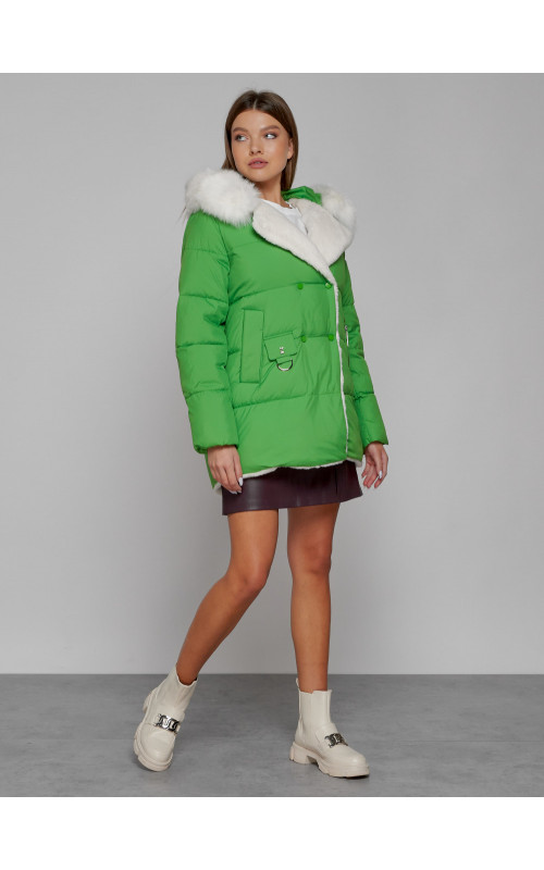 Женский модный зимний пуховик с мехом, зелёный. в Тюмени