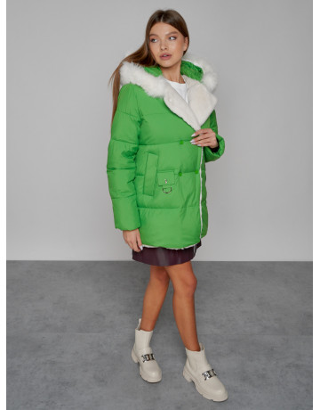 Женский модный зимний пуховик с мехом, зелёный. в Тюмени