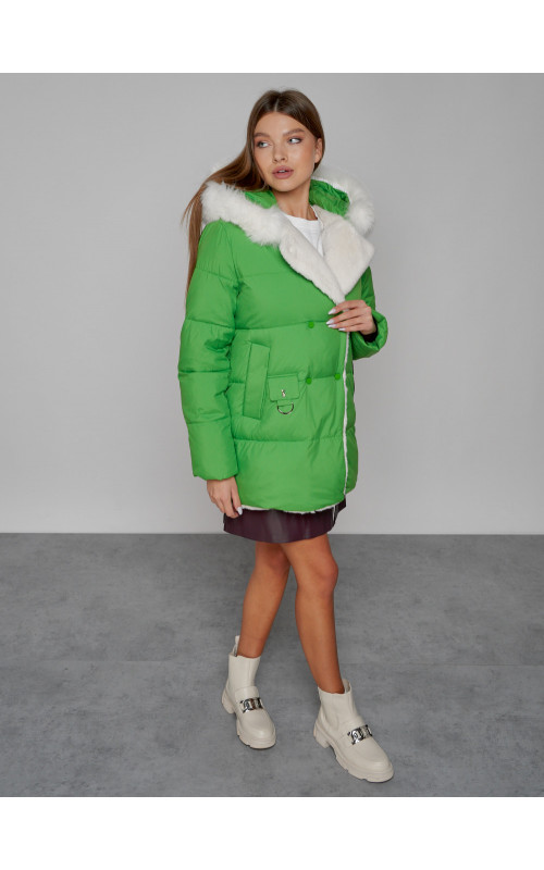Женский модный зимний пуховик с мехом, зелёный. в Тюмени