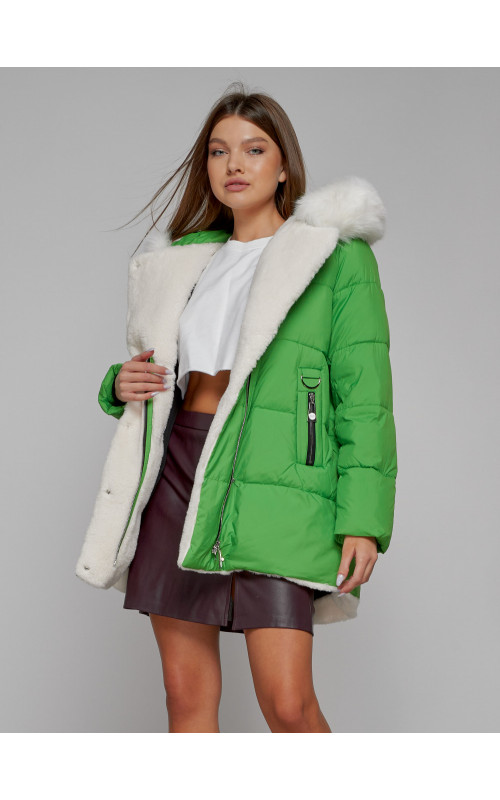 Женский модный зимний пуховик с мехом, зелёный. в Тюмени