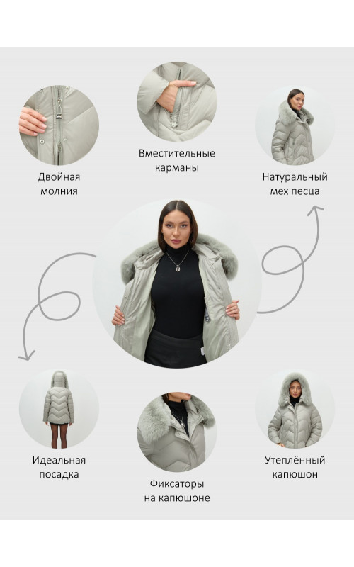 Пуховик для городской леди с мехом песца, защита от влаги и ветра