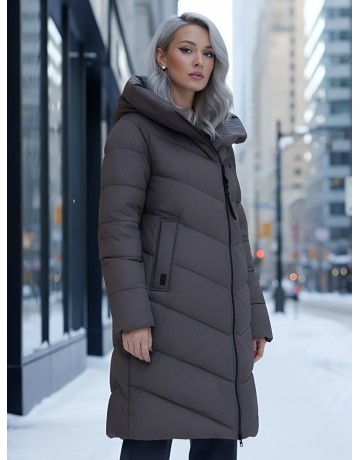 Длинный женский пуховик с капюшоном для осени и зимы