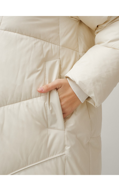 Длинный женский пуховик с капюшоном, бежевый. в Тюмени