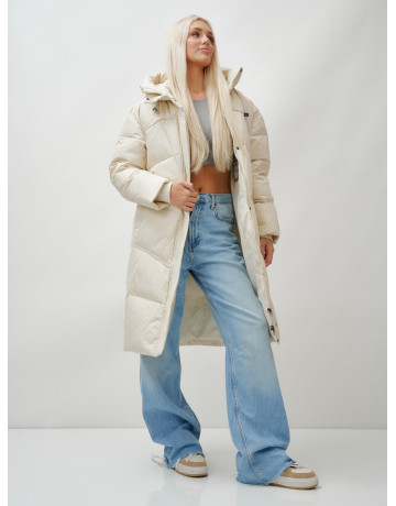 Длинный женский пуховик с капюшоном, бежевый. в Тюмени