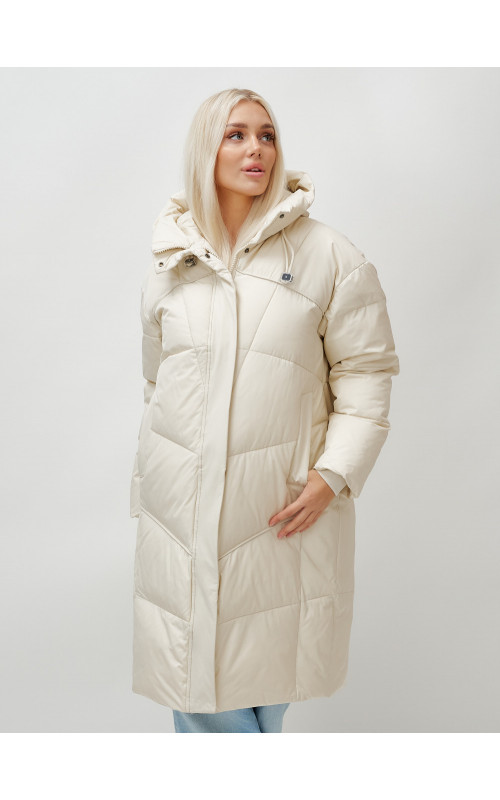 Длинный женский пуховик с капюшоном, бежевый. в Тюмени