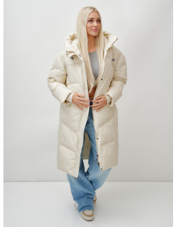 Длинный женский пуховик с капюшоном, бежевый. в Тюмени