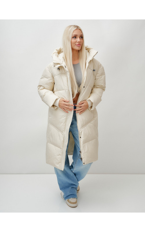 Длинный женский пуховик с капюшоном, бежевый. в Тюмени
