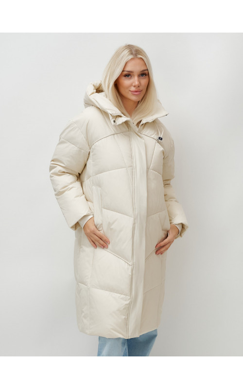Длинный женский пуховик с капюшоном, бежевый. в Тюмени