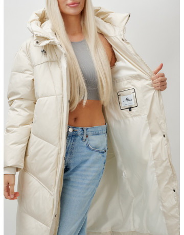 Длинный женский пуховик с капюшоном, бежевый. в Тюмени