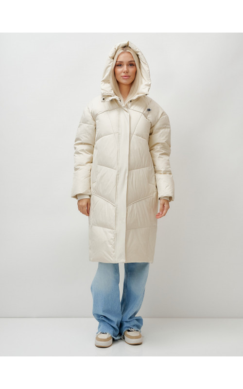 Длинный женский пуховик с капюшоном, бежевый. в Тюмени