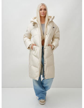 Длинный женский пуховик с капюшоном, бежевый. в Тюмени