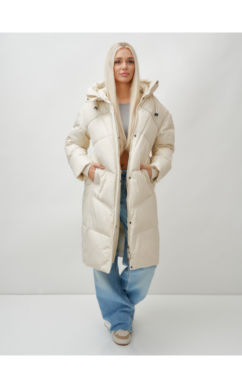 Длинный женский пуховик с капюшоном, бежевый. в Тюмени