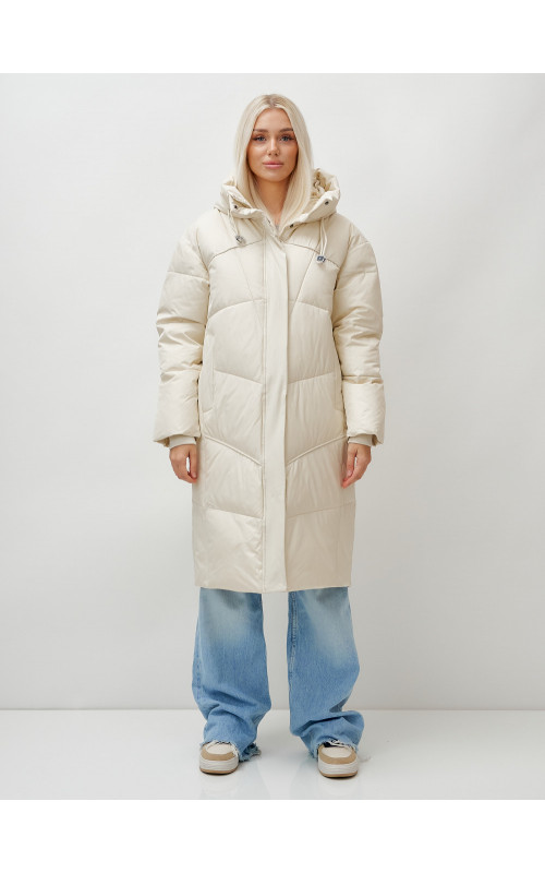 Длинный женский пуховик с капюшоном, бежевый. в Тюмени