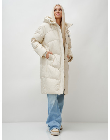 Длинный женский пуховик с капюшоном, бежевый. в Тюмени