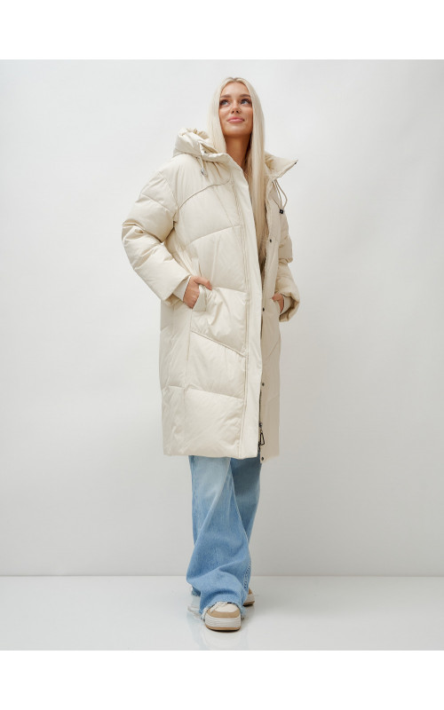 Длинный женский пуховик с капюшоном, бежевый. в Тюмени