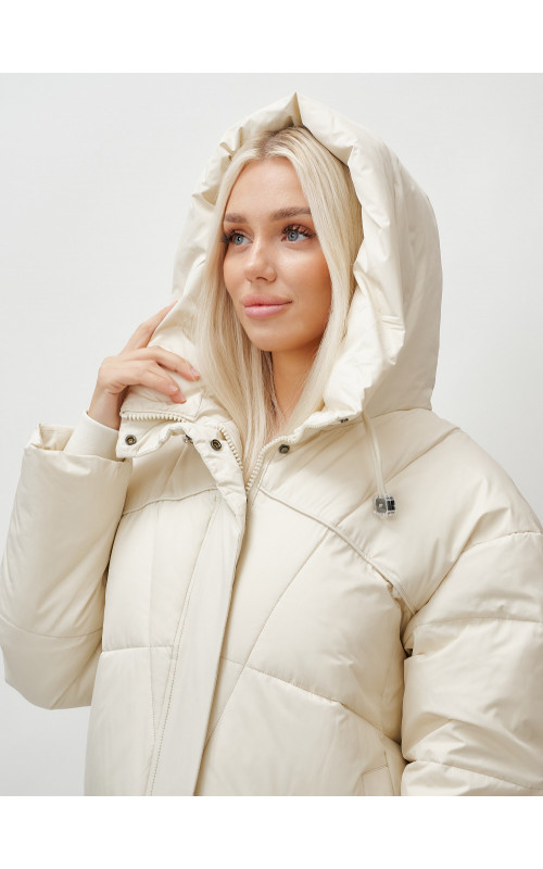 Длинный женский пуховик с капюшоном, бежевый. в Тюмени